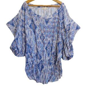 Women's Boho Ikat Print Tunic Top Size XXL 2XL Blue Short Sleeve Kindom Viscose